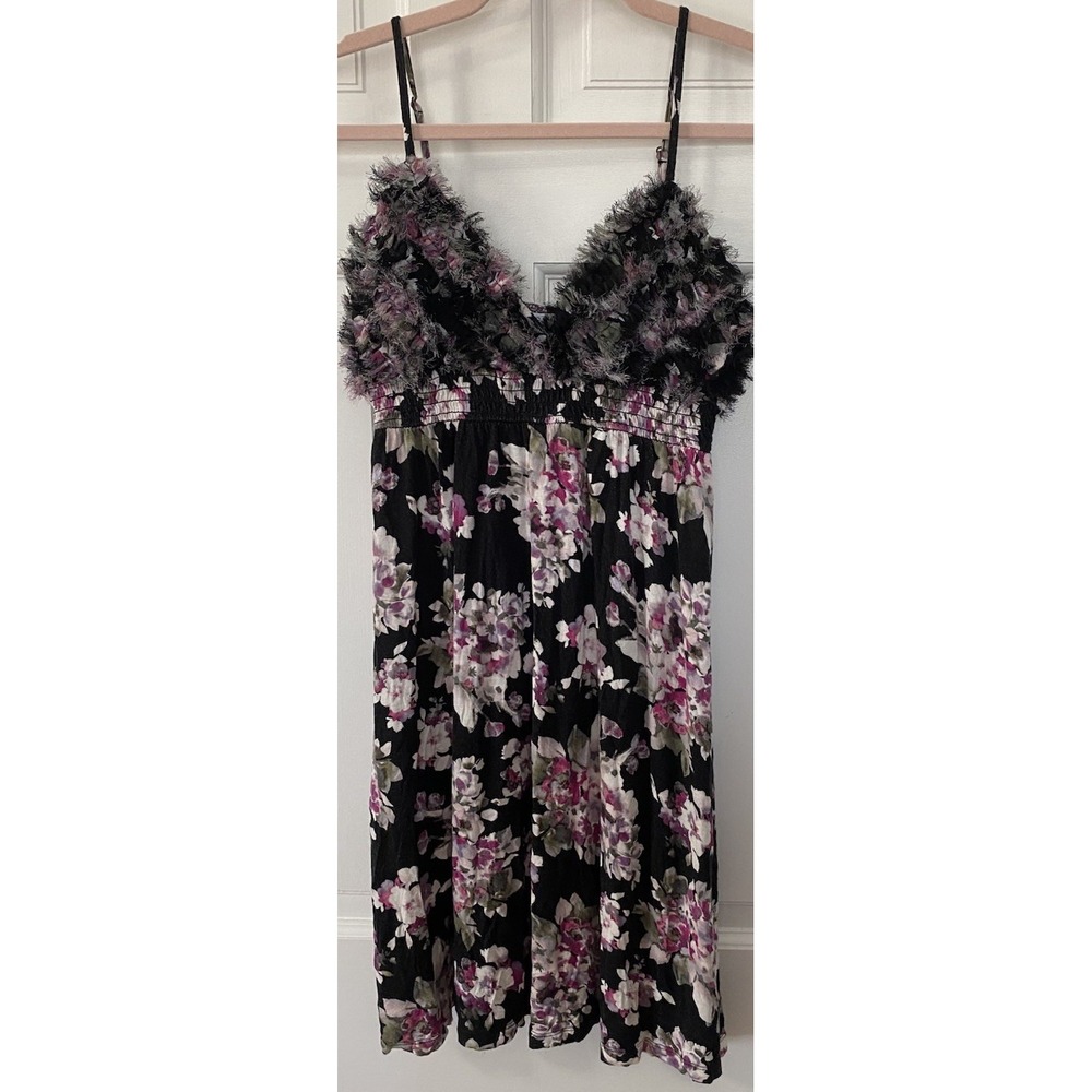 Candie's Floral Mini Dress Y2K Fringe Bust Eyelash Trim Smocked Waist SZ Med